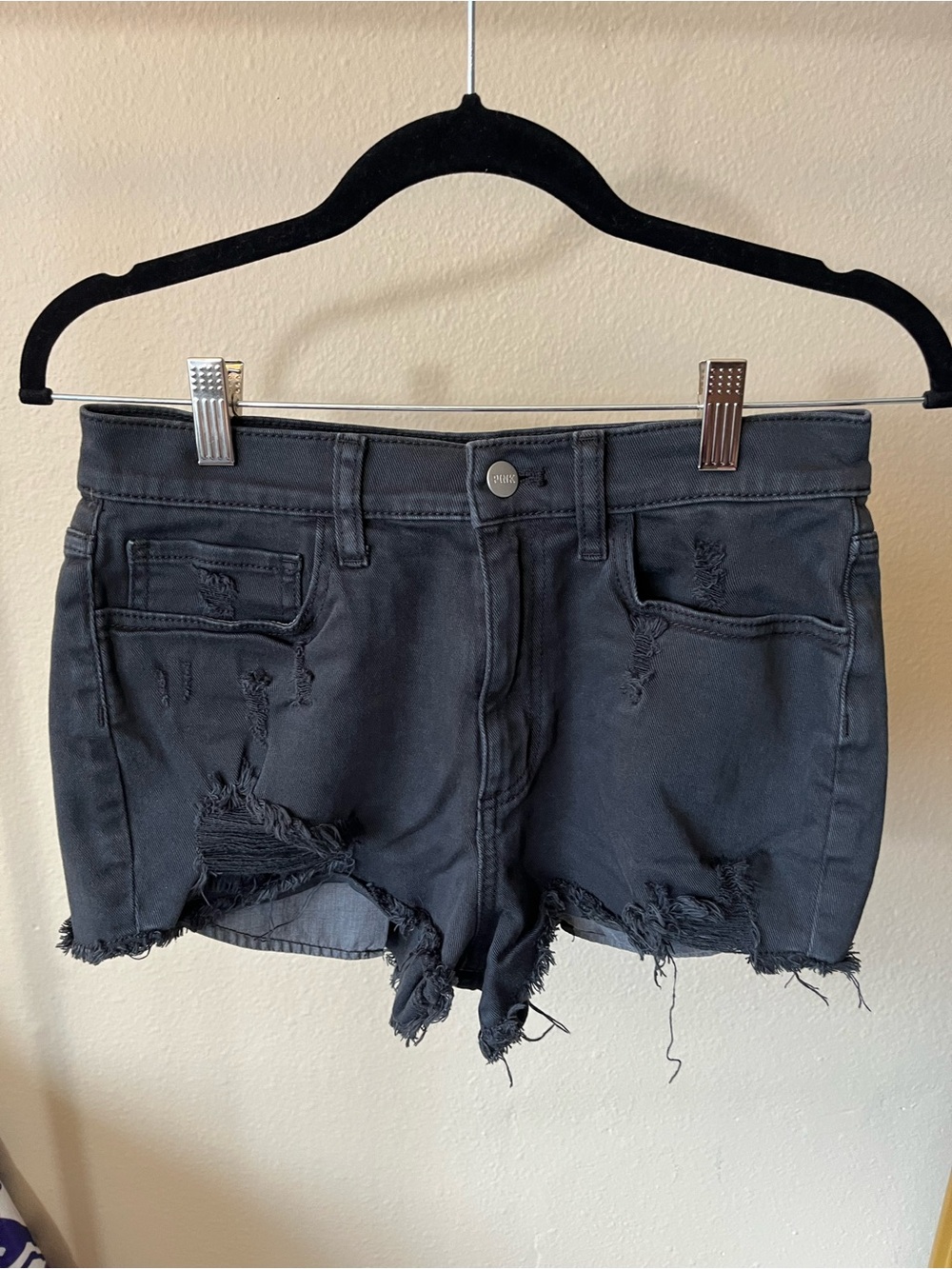 PINK Distressed Black Denim Shorts